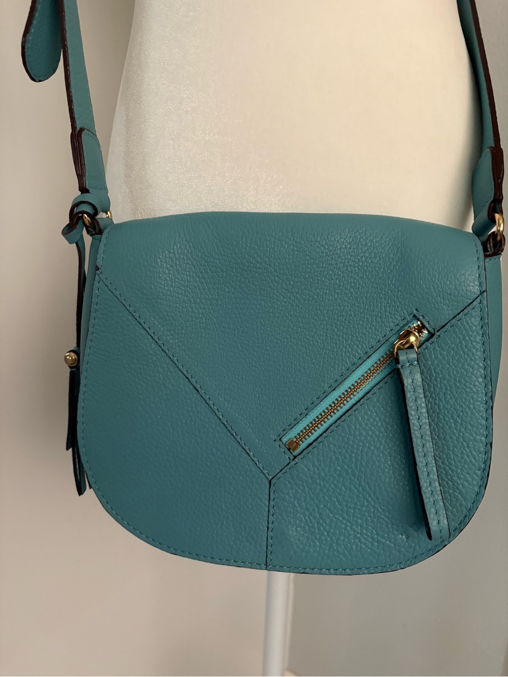 Turquoise Leather Crossbody Bag with Diagonal Zip Accent